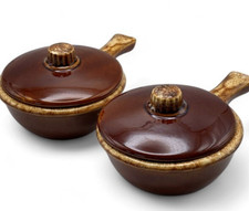 Pair of Hull Oven Proof USA Brown Drip Individual Casseroles T1772 Lids Handles