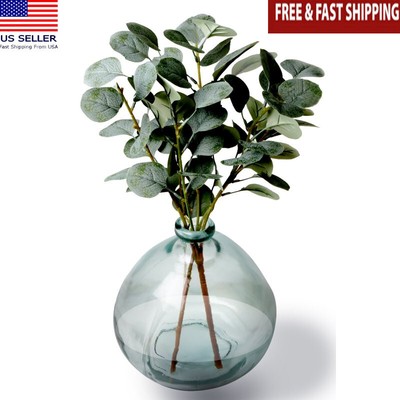 Blown Glass Vase for Nightstand Desk Decor 12'' Artificial Green Eucalyptus Plant