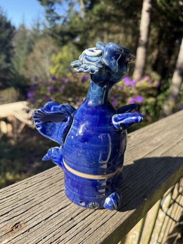 Pottery Whimsical Dragon Incense Burner 7.5” Blue Ceramic Handmade Signed