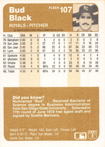 Bud Black 1983 Fleer 107 Kansas City Royals Rookie Baseball Card - Picture 2 of 2