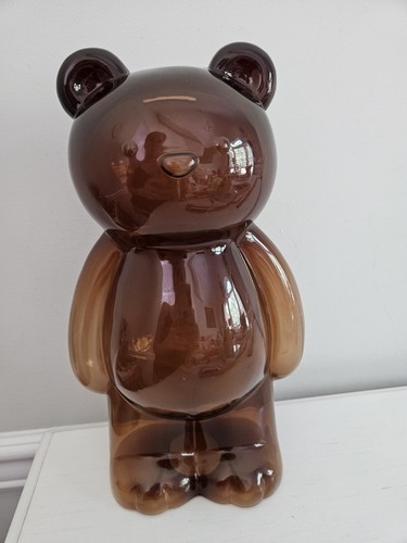 Vintage Large Transparent Plastic Brown Bear Coin Penny Bank With Stopper