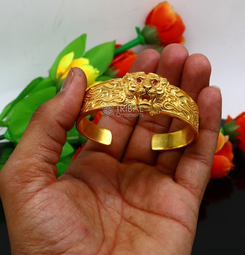925 Sterling silver handmade lion face cuff kada Gold polished bracelet cuff147 - Picture 4 of 6