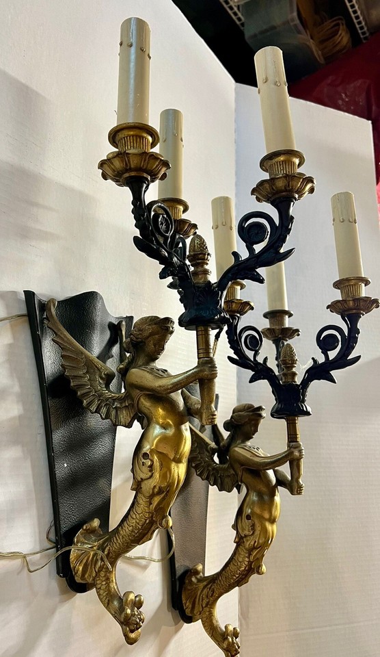 Pair French Art Deco Style Bronze Winged Mermaid Wall Sconce Candelabra