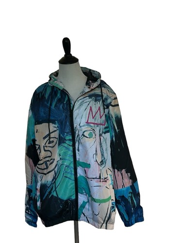 Jean Michel Basquiat Members Only Jacket Windbreaker Hood Size Medium Y2K Funky - Picture 8 of 13