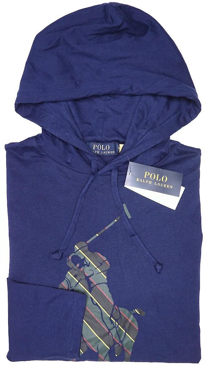 Maglietta con cappuccio polo Ralph Lauren da uomo blu reale manica lunga pony $69
