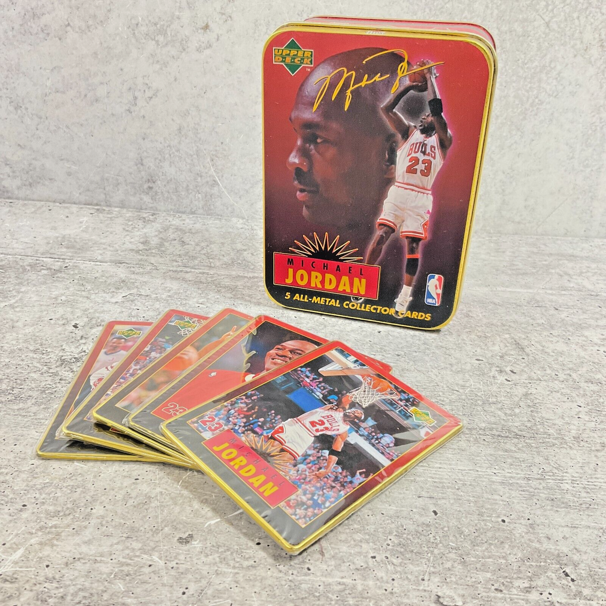 Michael Jordan Metal Collector Cards set of 5 in Decorative Tin