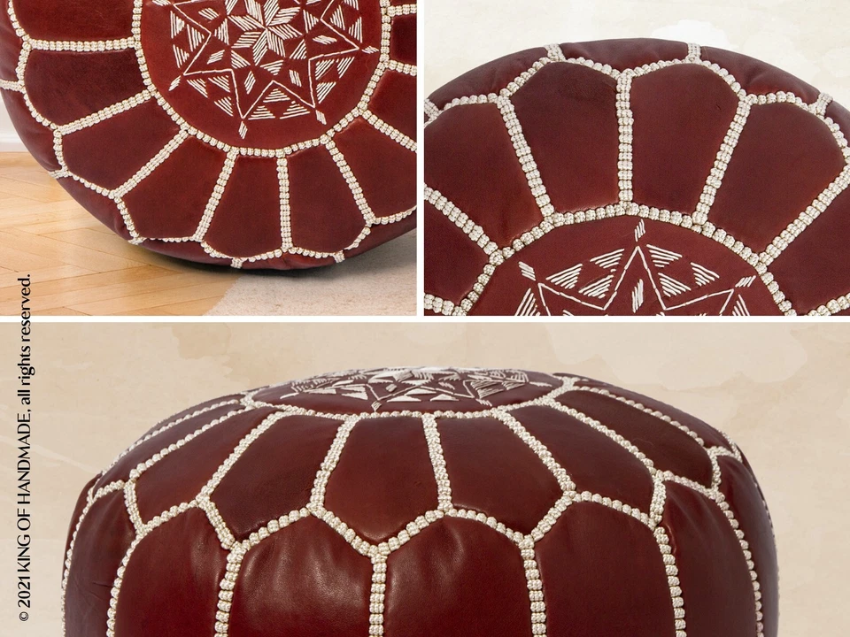 STUFFED Moroccan Handmade Genuine Leather Boho Pouf Ottoman Footstool Pouffe - Image 4 of 4