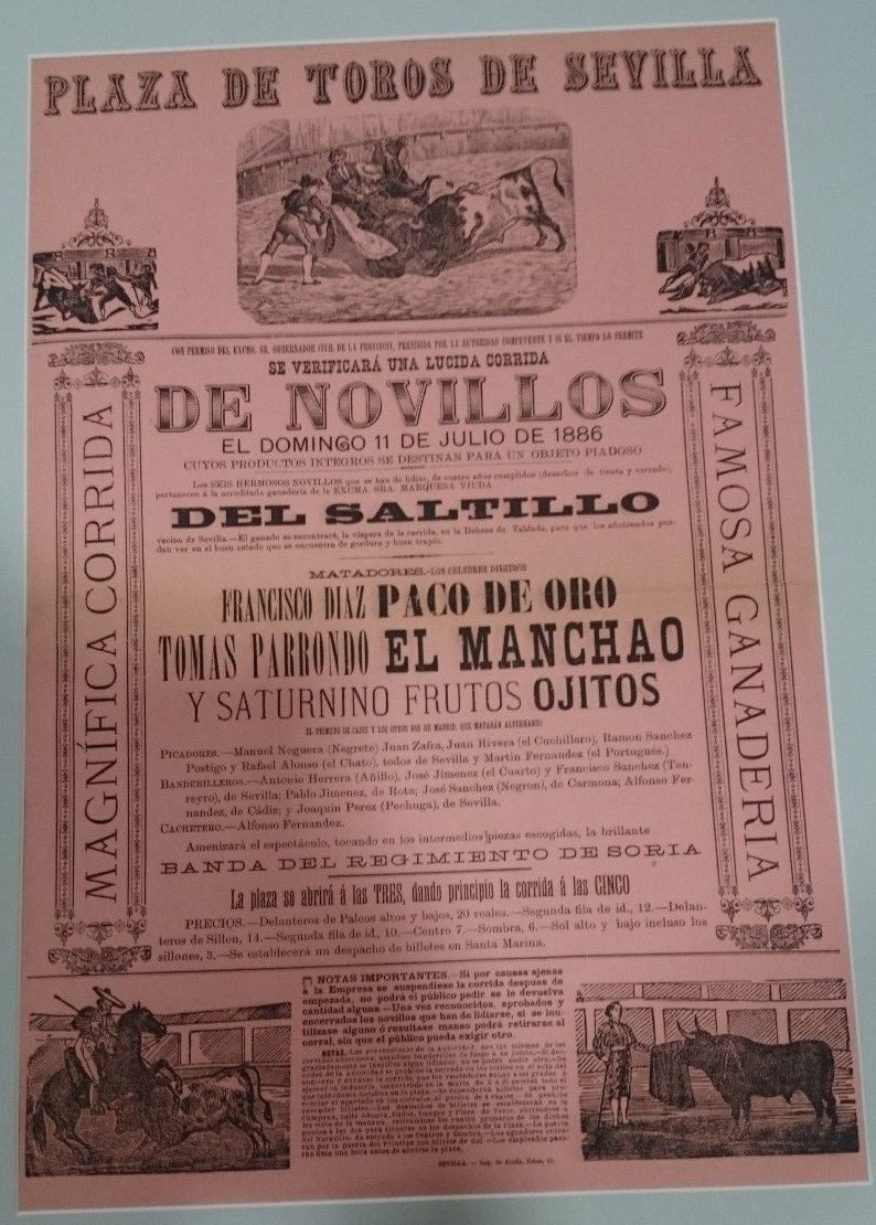ANTIGUO CARTEL PLAZA DE TOROS DE SEVILLA 1886 CON PASPARTU 50x36 Centimetros