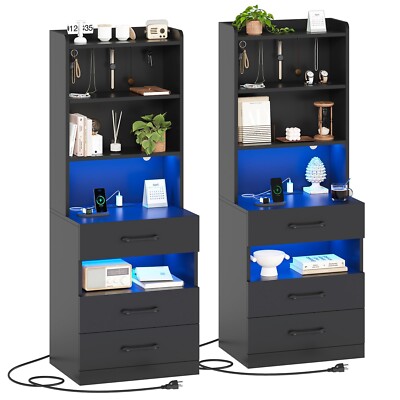 Tall Night Stand with LED Lights, Black Nightstand with 3 Drawers