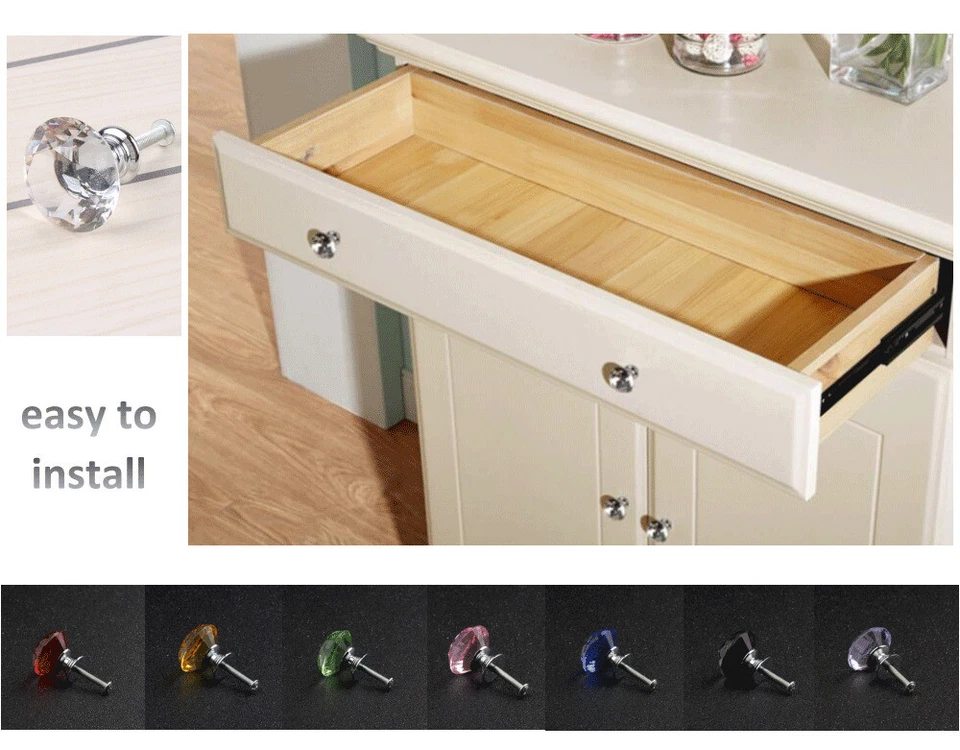 10Pcs Crystal Glass Cabinet Knob Diamond Shape 30mm Drawer Cupboard Handle Pull - Image 3 of 4