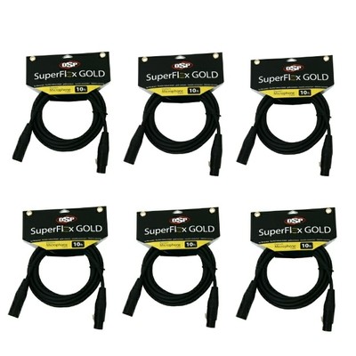 6 SuperFlex XLR Soft Lay Flat Patch Microphone Cables Gold Contacts 10' foot 