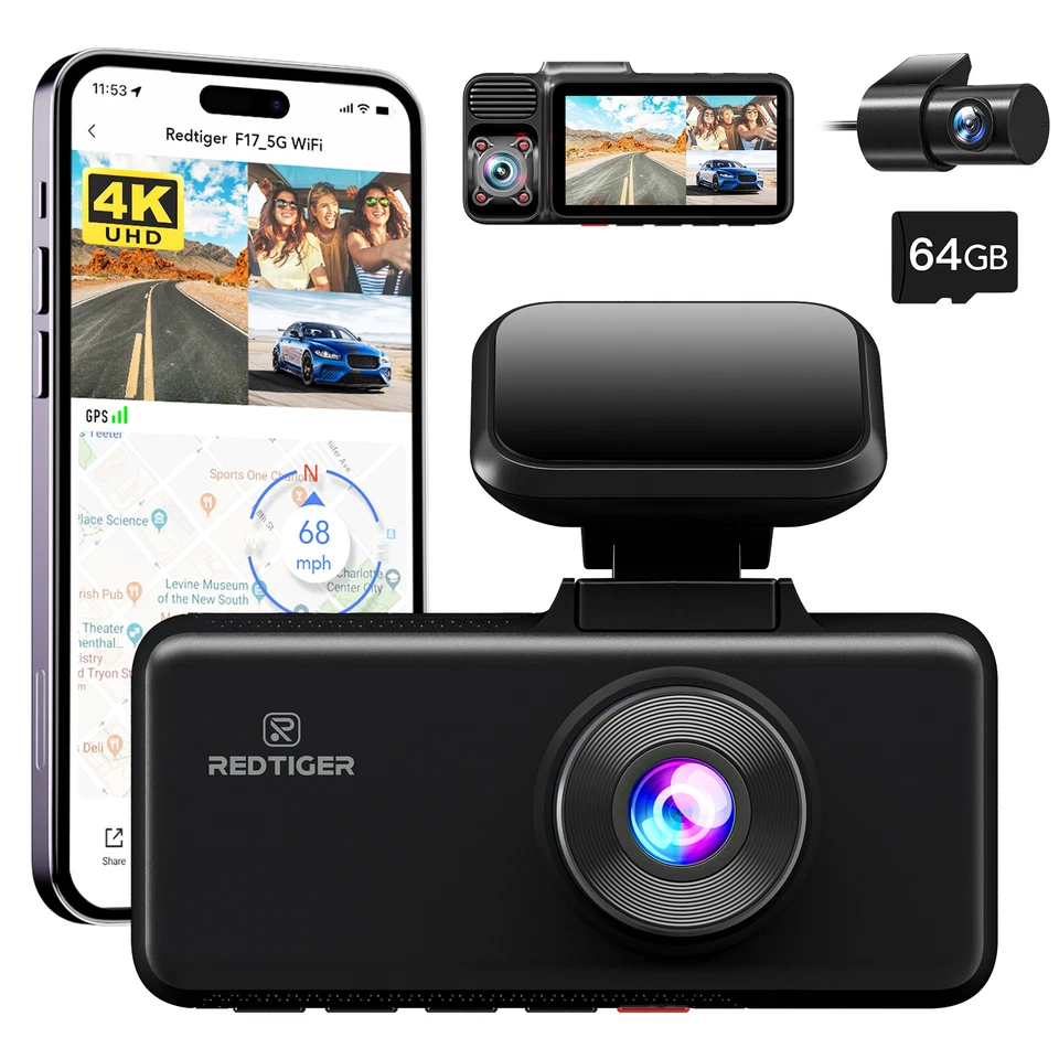 REDTIGER F17 4K Dash Cam 5G WiFi 3 Channel ,Front and Rear Inside, 64GB SD Card