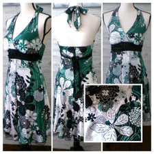 Y2K Halter Dress 5 Satin Green black white floral Tulle Forest Fairy Whimsigoth