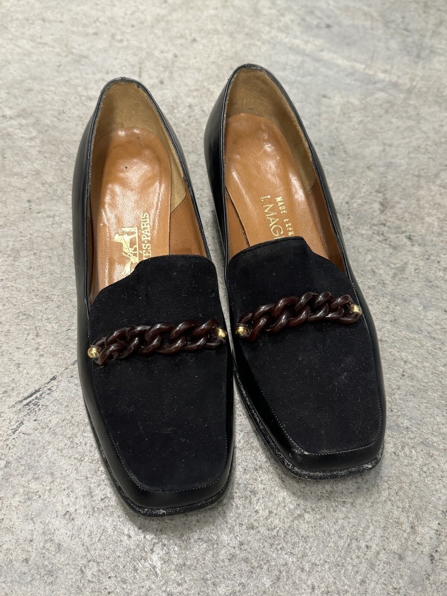 Vintage Hermes Paris Platforms I. MAGNIN Shoes Black Slides