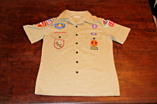 Boy Scouts of America BSA Men's Shirt Tan Medium Sewn Patches Short Sleeve
