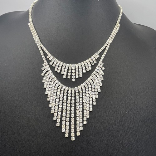 Rhinestone Fringe Statement Necklace Silver Tone Crystal Bib Evening Wedding 22"