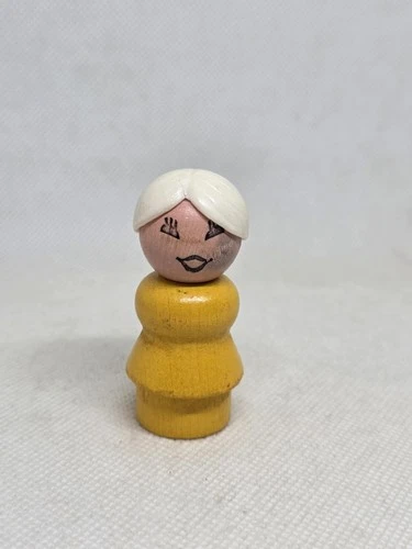 Vintage Fisher Price little people wood yellow farm woman/mom/grandma white hair