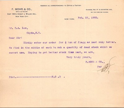 1903 F. Mohr & Co. NYC Business Letter - Furniture Exchange Ephemera Clyde NY