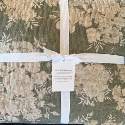 POTTERY BARN Juliette Toile PickStitch Quilt-Full/Queen-Loden Green & Flax NWT