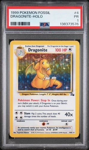 1999 POKEMON FOSSIL #4 DRAGONITE-HOLO PSA 1