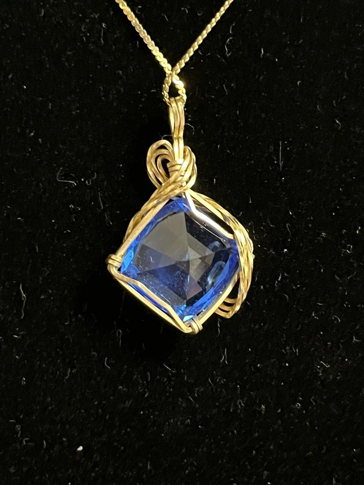 14K Gelbgold Seil Halskette mit Draht Set Quadrat Blau Saphir Anhänger - 3 Gramm - Bild 2 von 4