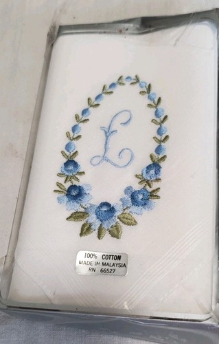 VINTAGE ? Taschentuch Einstecktuch weiß Monogramm "L" bestickt blau Blumen