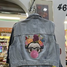 Gray Denim Vest Embroidered Graphic Back Patch Button Front Pockets 46