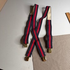 LL Bean Vintage Striped Suspenders Navy Red Gold Tone Hardware Clip On Braces