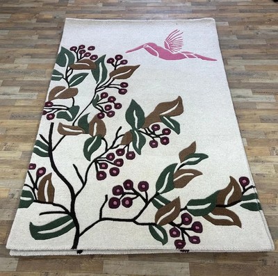 Bird Rug White Color Hand Tufted 100% Nz Wool Handmade Rectangle Area Rug
