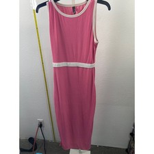PrettyGarden Pink Ribbed Knit Midi Dress Sleeveless Bodycon White Trim Small