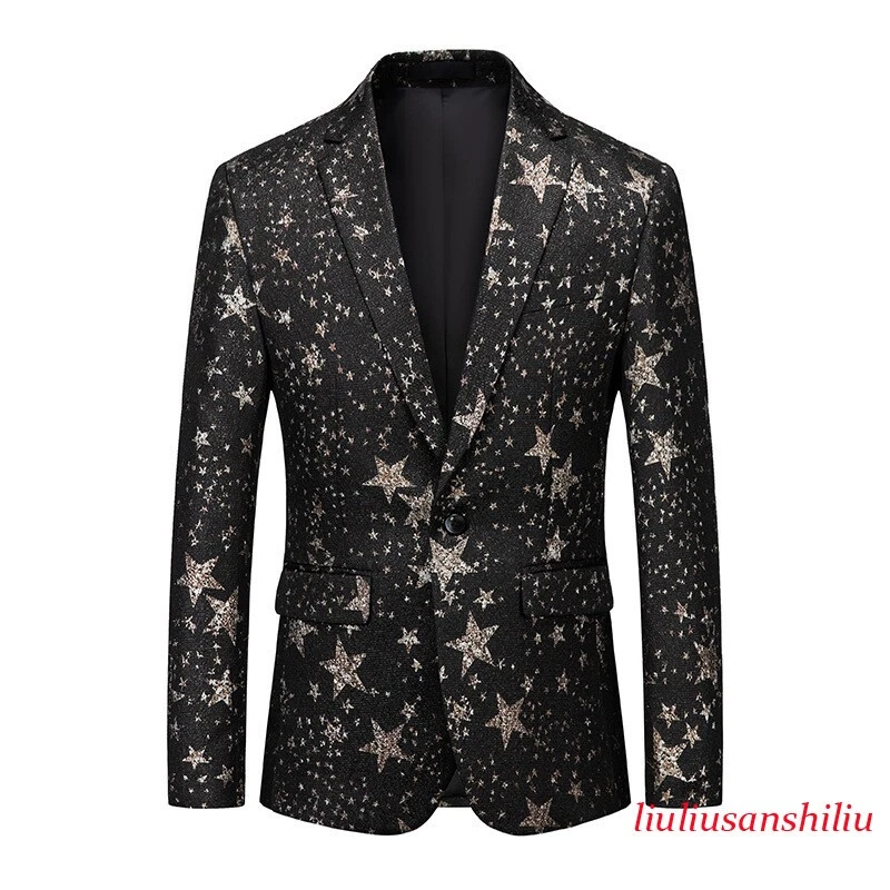 Men Star Pattern Tuxedo Jacket Top Formal Dress Suit Blazer Party Prom Coat Tops