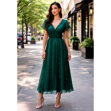 Mac Duggal Green Ruffle Chiffon Gown Size 2 NWT Midi Formal Dress