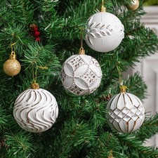 3.15" White and Gold Christmas Ornaments Set, 16 Pcs Vintage Rustic Brown