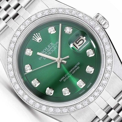 Rolex Datejust 1603 36mm Green Dial 18K White Gold Diamond Bezel Jubilee