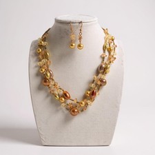 Three Strand Gold And Yellow Mix Bead Necklace Earring Set