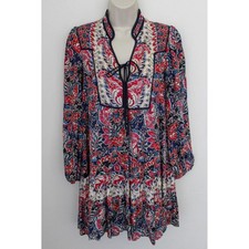 Anthropologie Dress XS Red Blue Floral Tiered Mini Pullover Tunic Boho Paisley