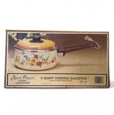 Sweet Flowers Vintage 90s Enamel Floral 2 Quart Covered Sauce Pan NOS Unopened