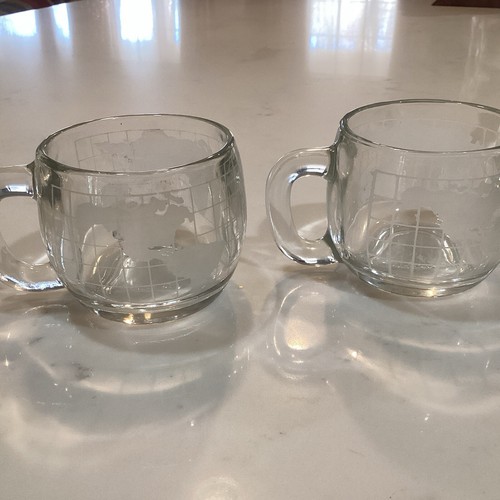 Set of 4 Nestle Vintage World Globe Map Etched Clear Glass Coffee Mugs Cups - Picture 3 of 7