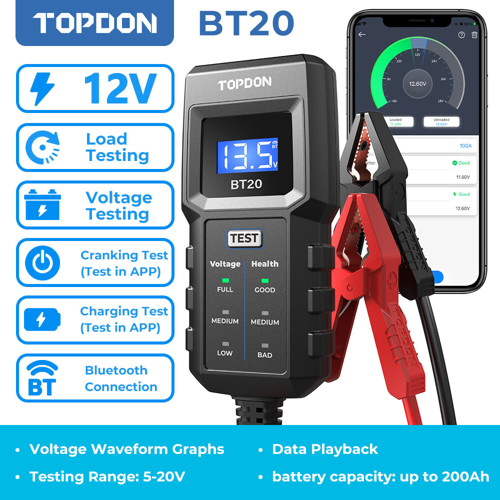 TOPDON BT20 12V Car Battery Tester Check Battery Health Cranking Charging Test