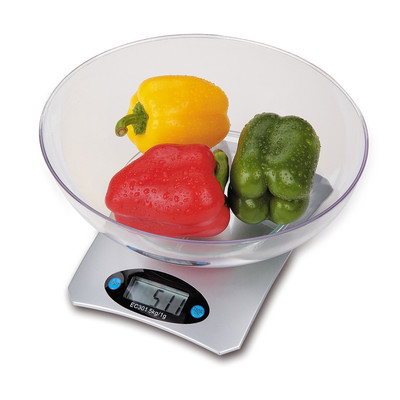 OMEGA Küchenwaage mit Schale 2,2 L - bis zu 5 kg - LCD-Display - Silber