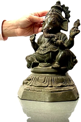 ANTIQUE BRONZE GANESHA ABHAYA MUDRA GESTURE OF PROTECTION LOST WAX LOTUS THRONE - Image 1 of 4