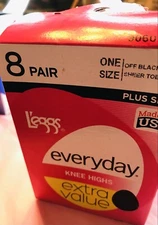 Leggs Everyday Knee Highs One Size/Plus Size Off Black Sheer Toe-8 Pair.