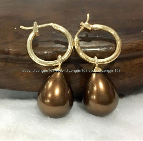 Huge 12x16mm Chocolate South Sea Shell Pearl Gold Leverback Dangle Earrings - Picture 6 of 12