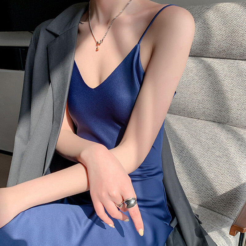 Women Long Satin Slip Dress Spaghetti Strap Party Dress Vintage Silk Sexy Prom Dress c2491