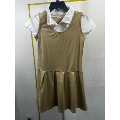 The Children's Place Girls Khaki School Uniform Dress 2-in-1 Layered Pleated 14