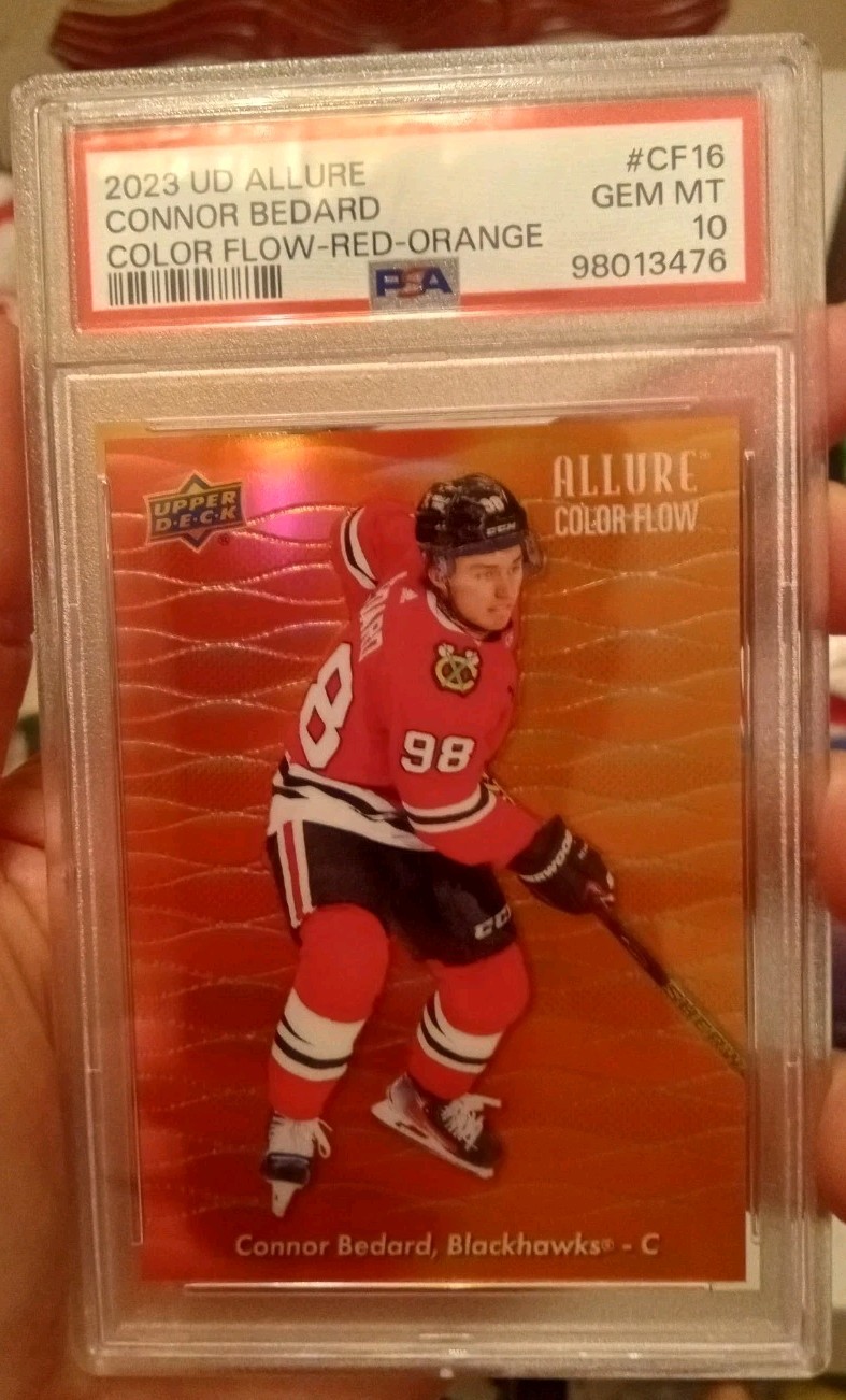 Connor Bedard 2023 Upper Deck UD Allure Color Flow Red Orange RC #CF16 PSA 10 view 1
