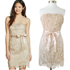 ADRIANNA PAPELL Strapless Lace Sheath Mini Cocktail Dress Size 6 Champagne Beige