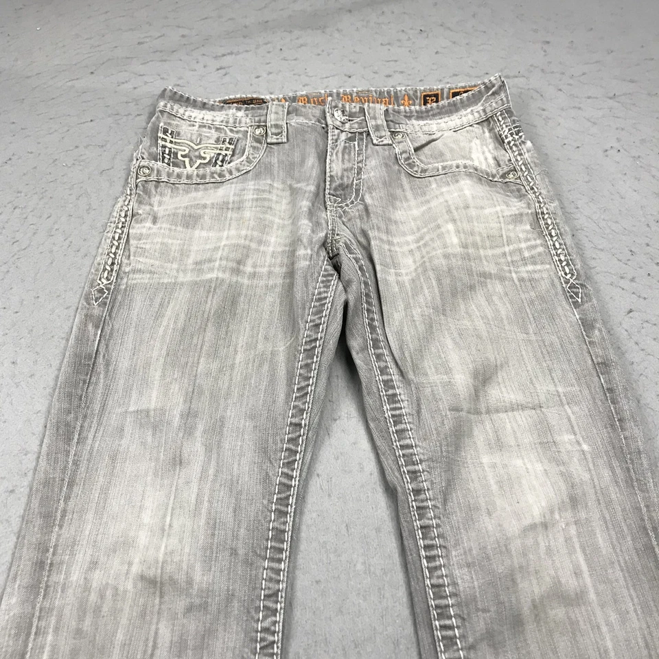 Pantalones de mezclilla Rock Revival para hombre 32x31 gris Gary rectos bordados desgastados Foto 3 de 4