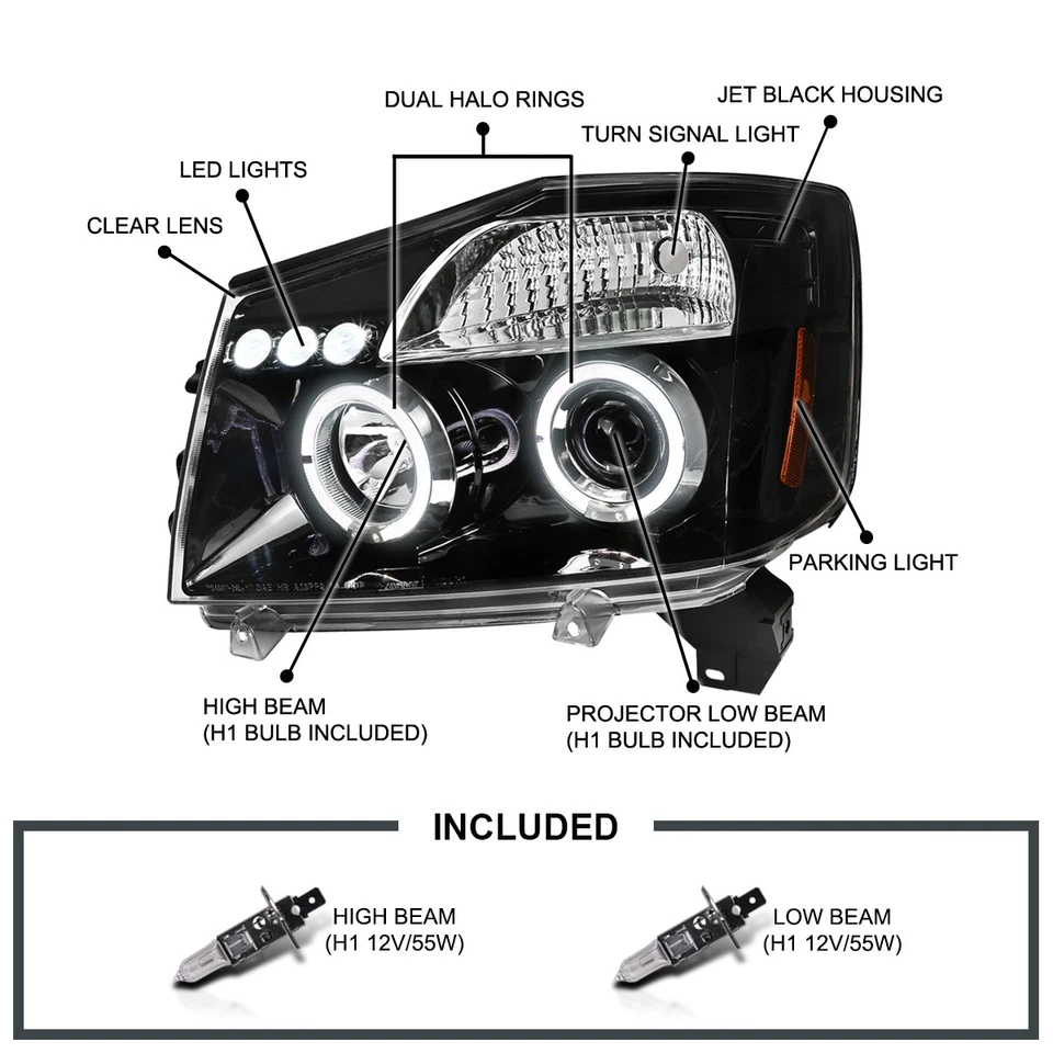 Jet Black Fits 2004-2015 Titan 2004-2007 Armada LED Halo Projector Headlights - Изображение 3 из 4