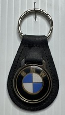 1970s VINTAGE ENAMEL”BMW” DEALER BLACK LEATHER KEYCHAIN RING FOB